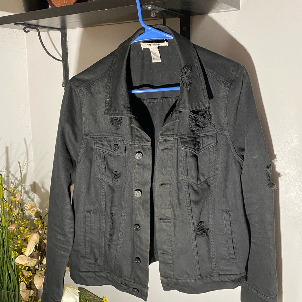 Distressed black jean jacket